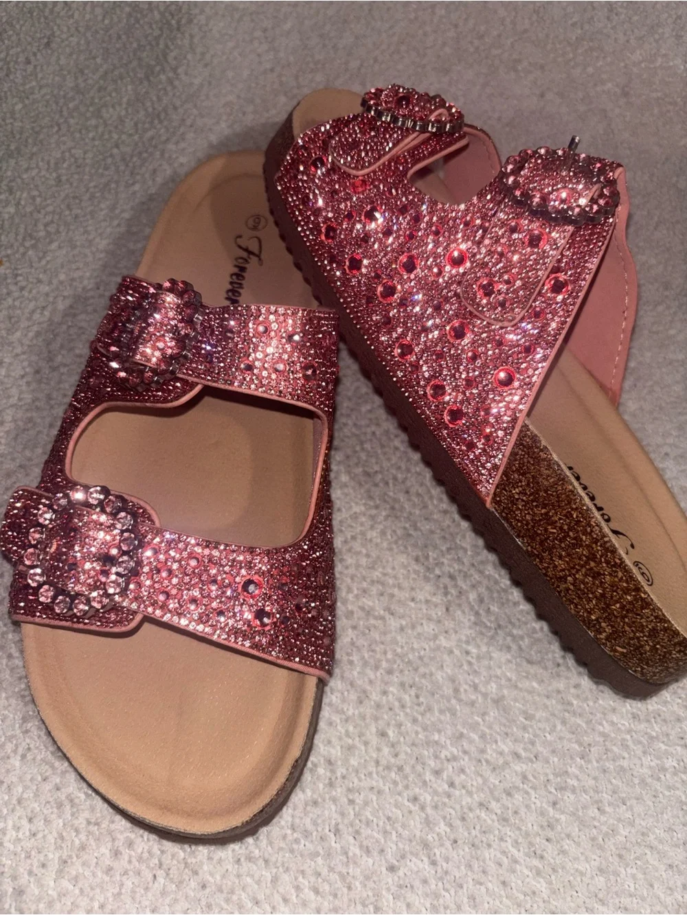 Sparkling Pink Double-Buckle Slide Sandals